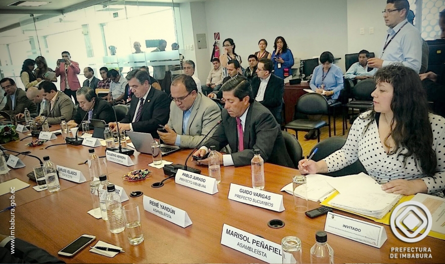 El prefecto de Imbabura, Pablo Jurado, junto a su colega del Carchi, Guillermo Herrera, durante la sesión de la Comisión Especializada de Desarrollo Económico de la Asamblea Nacional.