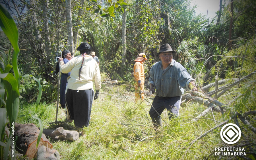 Los habitantes de la parroquia durante la minga de limpieza de la tradicional quebrada. 