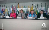 Los prefectos de la Mancomunidad Del Norte Del Ecuador y del Consorcio De Gobiernos Provinciales Amazónicos durante la rueda de prensa en la sede del Congope en Quito. 